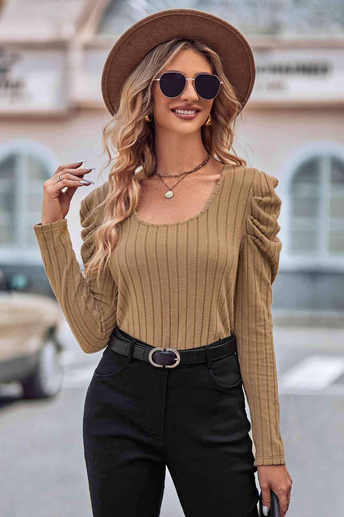 Puff Sleeve Round Neck T-Shirt Camel Women's T-Shirts - Tophatter Daily Deals