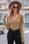 Puff Sleeve Round Neck T-Shirt Camel Women's T-Shirts - Tophatter Daily Deals