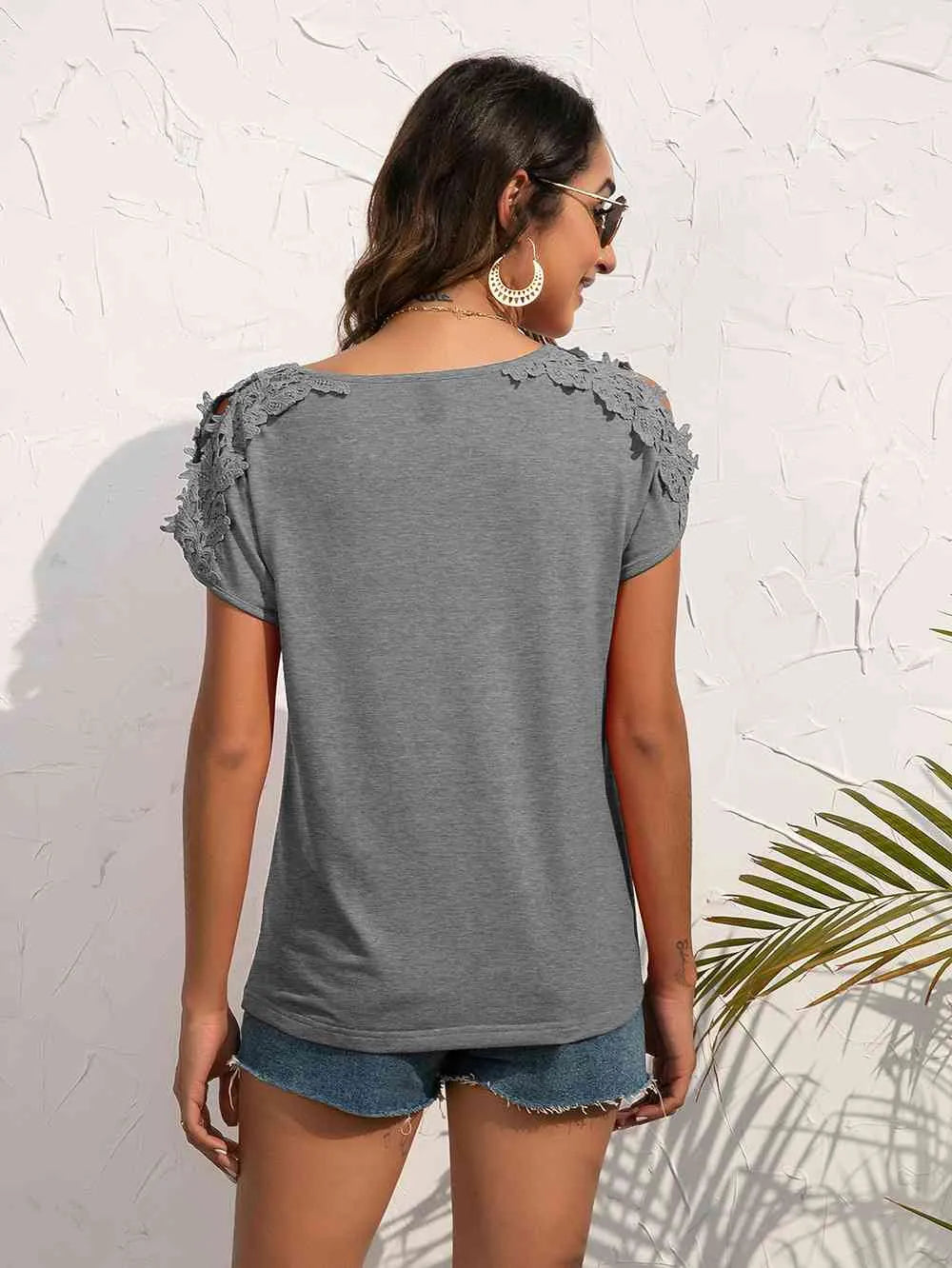 Spliced Lace Cold-Shoulder Blouse Blouses - Tophatter Daily Deals