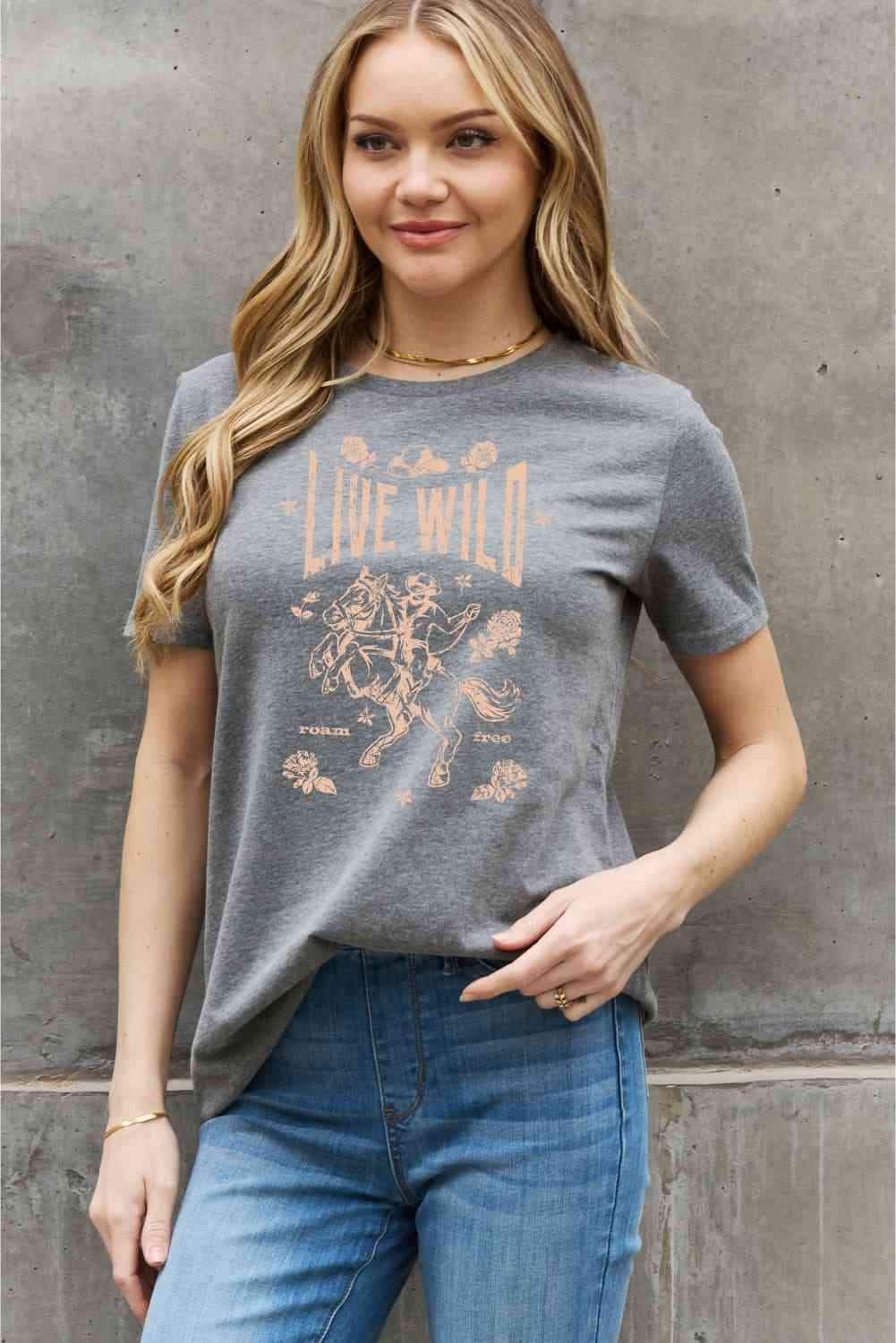 Simply Love Simply Love Full Size LIVE WILD ROAM FREE Graphic Cotton Tee - Tophatter Daily Deals