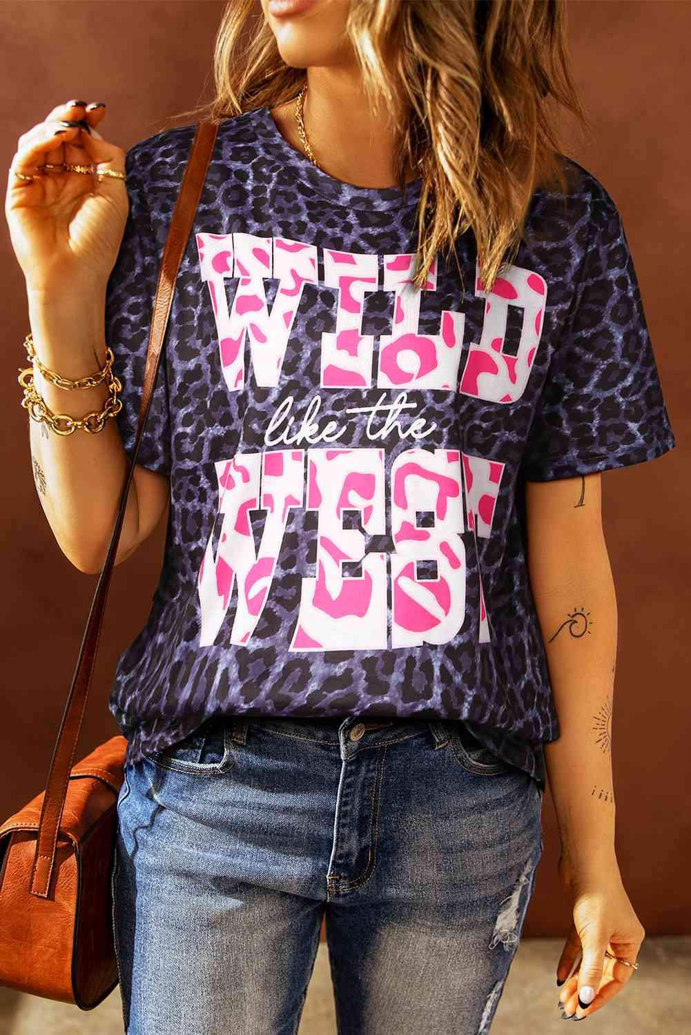 Slogan Graphic Leopard Tee Dark Navy Women's T-Shirts - Tophatter Daily Deals