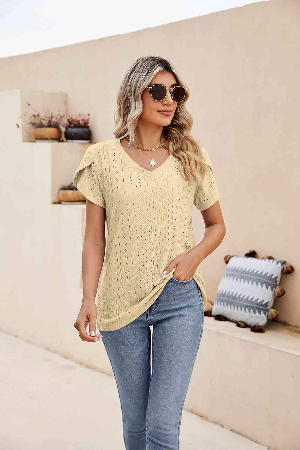 Eyelet Petal Sleeve V-Neck Knit Top Pastel Yellow Blouses - Tophatter Daily Deals