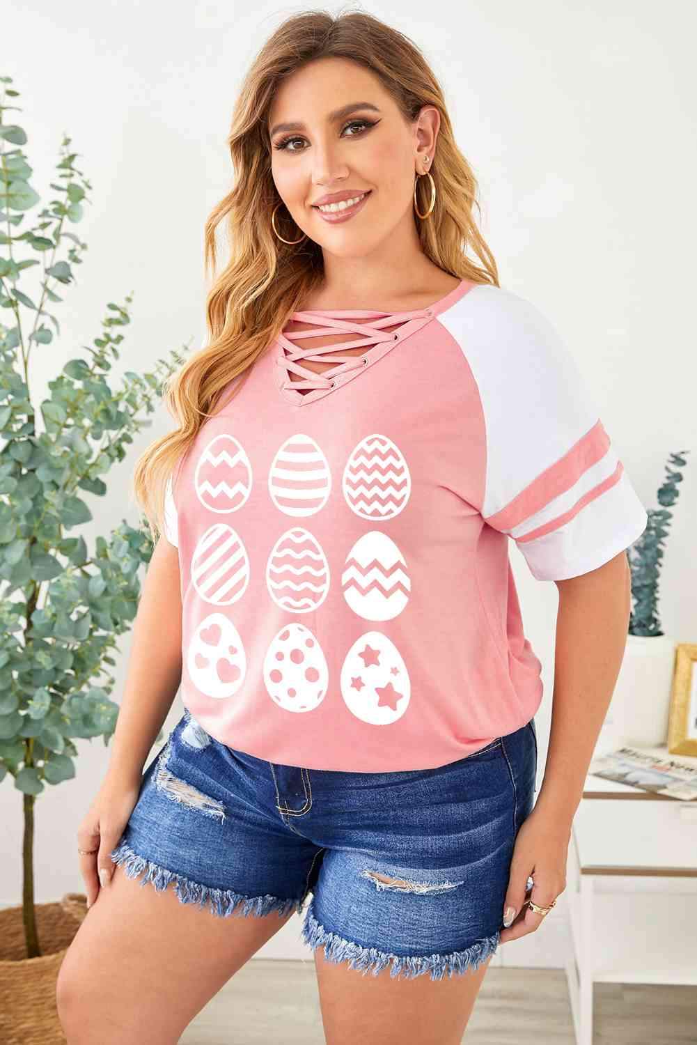 Plus Size Easter Egg Graphic Crisscross Tee Shirt Women's T-Shirts - Tophatter Daily Deals