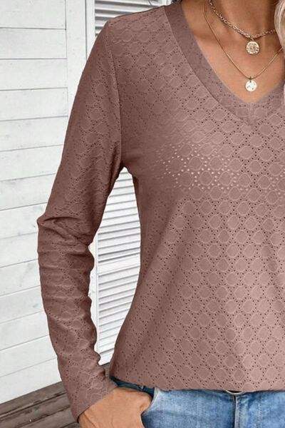 Eyelet V-Neck Long Sleeve T-Shirt Women's T-Shirts - Tophatter Daily Deals