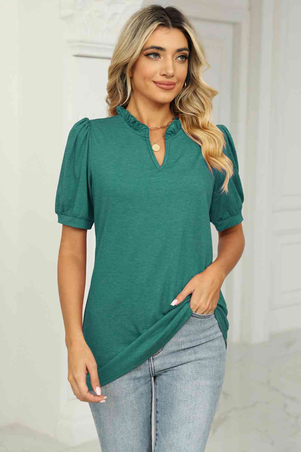 Notched Neck Puff Sleeve T-Shirt Teal Women's T-Shirts - Tophatter Daily Deals