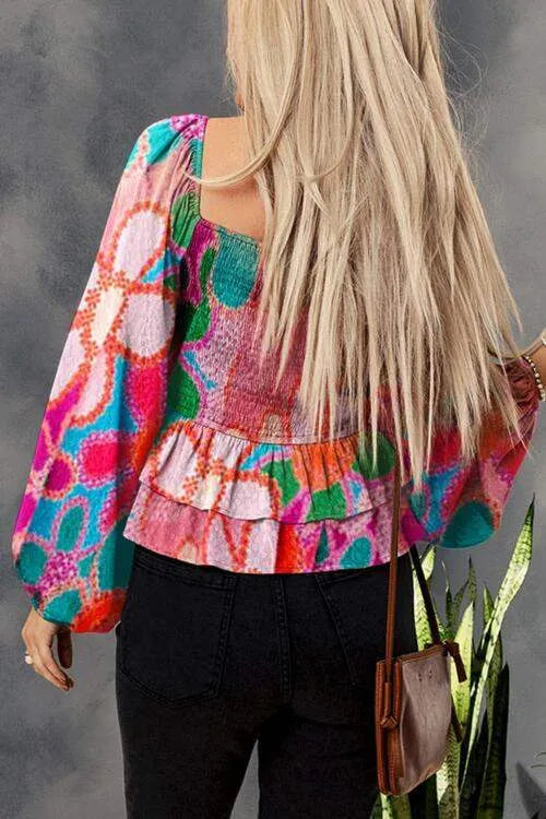 Floral Smocked Ruffled Balloon Sleeve Blouse Blouses - Tophatter Daily Deals