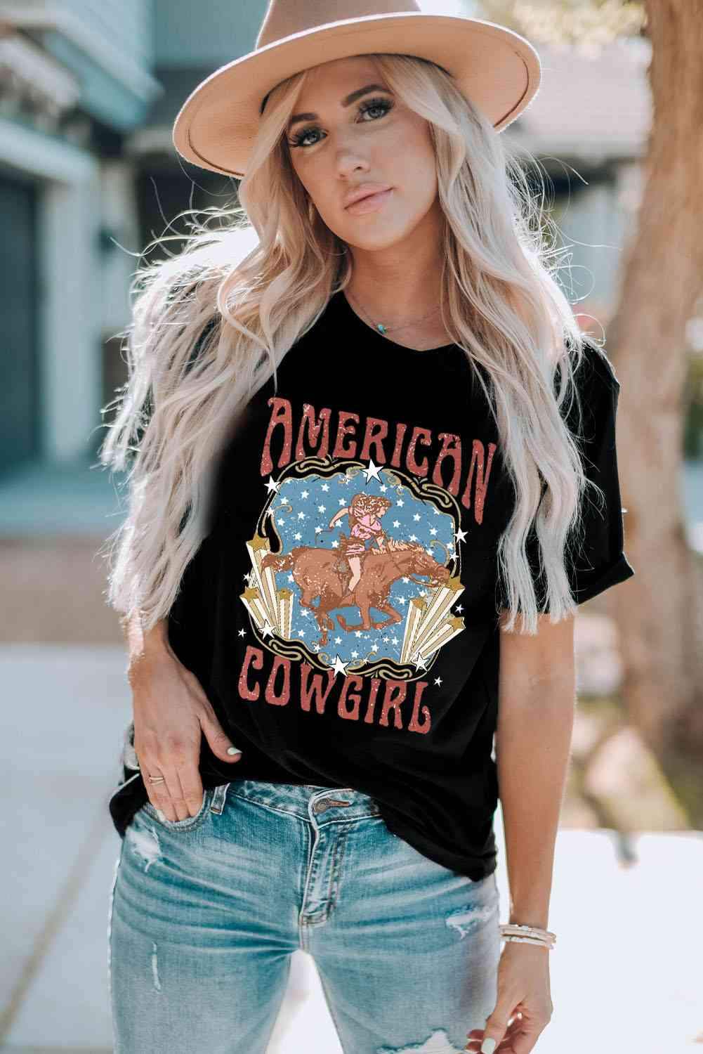 AMERICAN COWGIRL Graphic Short Sleeve Tee Black Women's T-Shirts - Tophatter Daily Deals