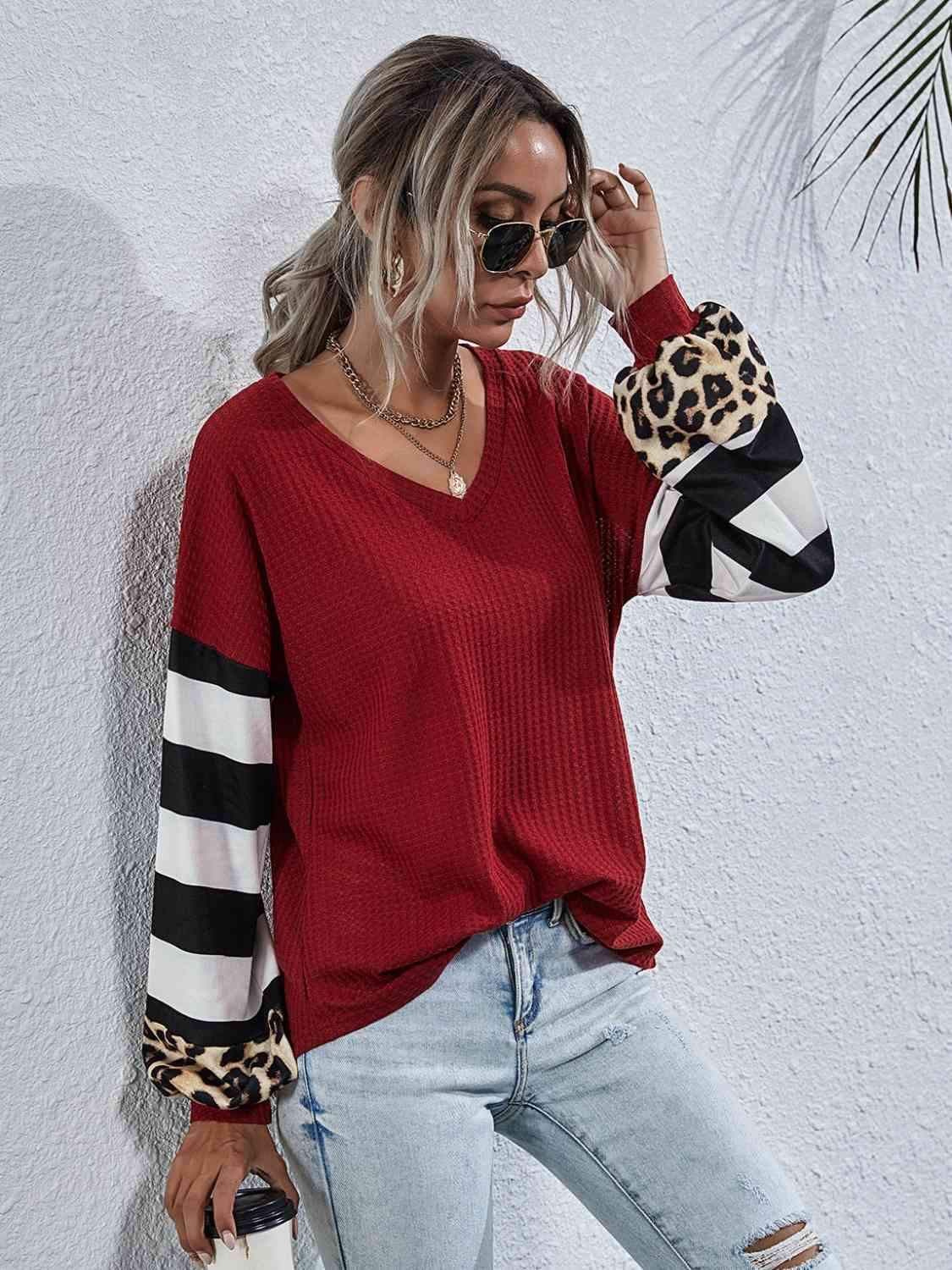 Leopard Striped Waffle-Knit Top Blouses - Tophatter Daily Deals