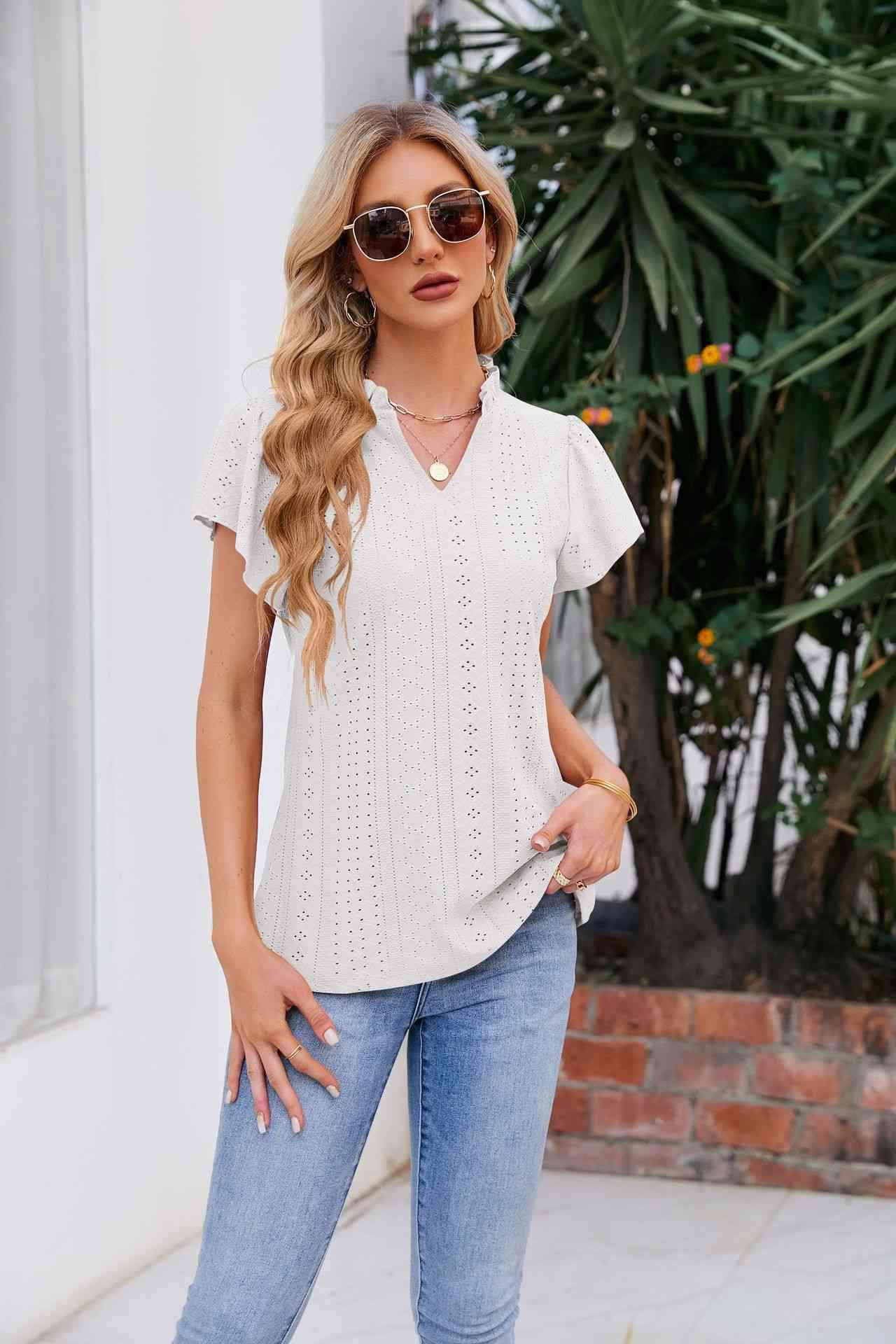 Notched Neck Puff Sleeve Blouse White Blouses - Tophatter Daily Deals