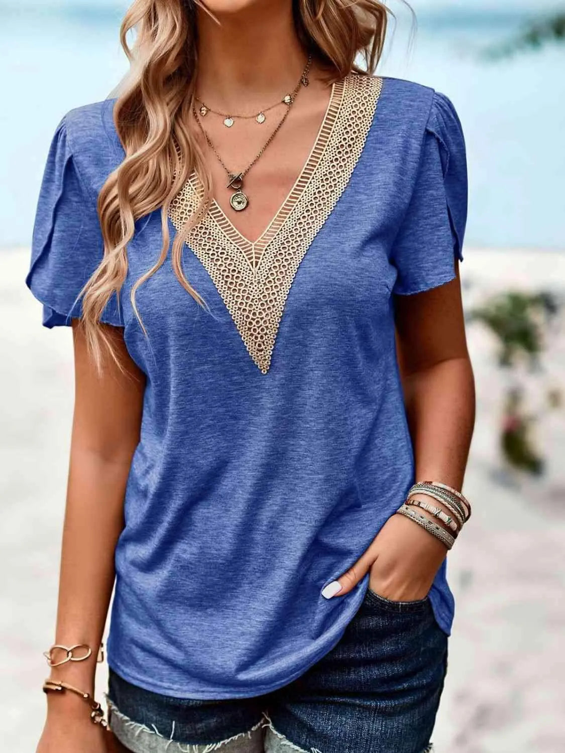 Contrast V-Neck Petal Sleeve Top Blouses - Tophatter Daily Deals