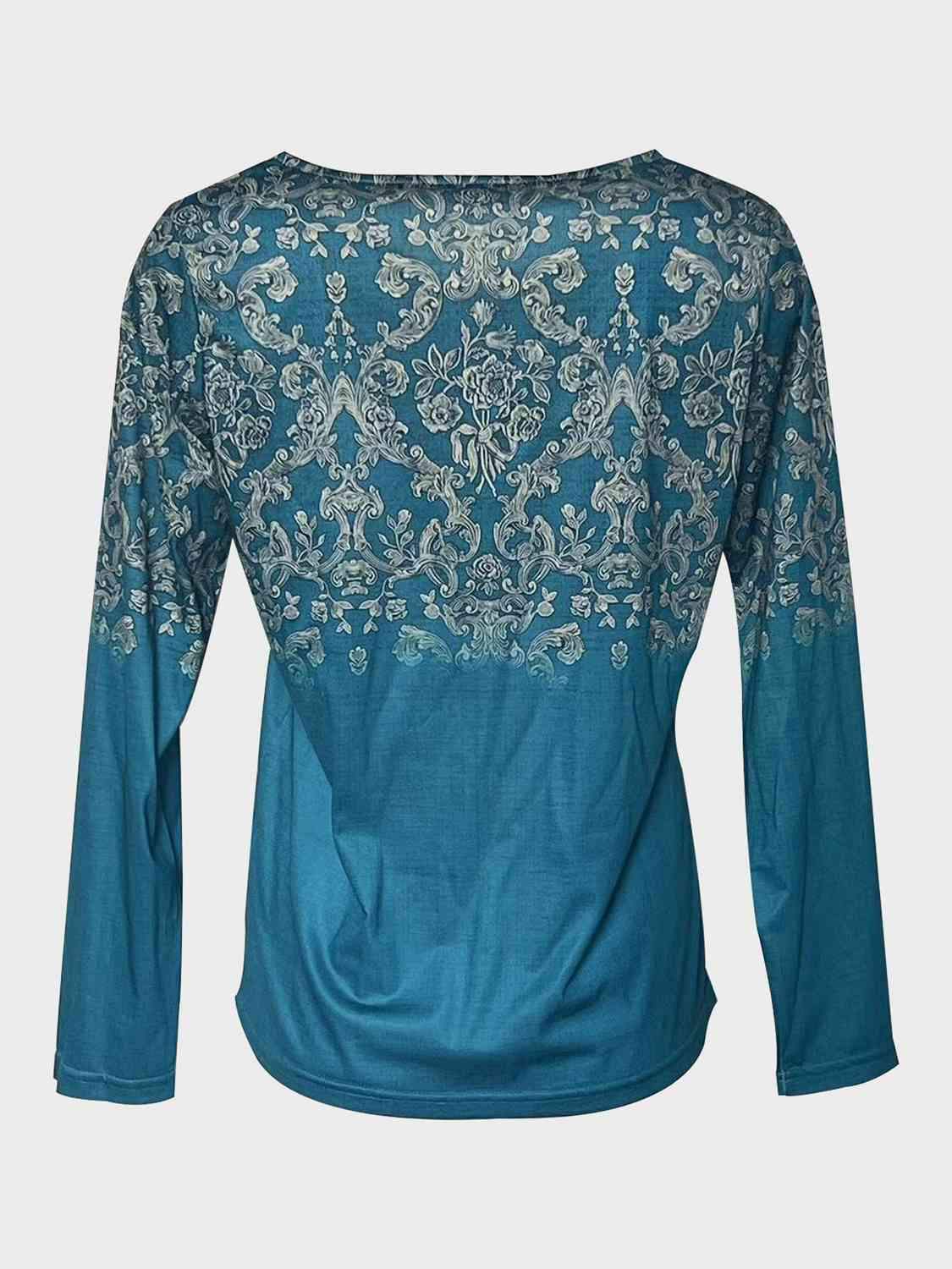 Printed Notched Long Sleeve T-Shirt Women's T-Shirts - Tophatter Daily Deals