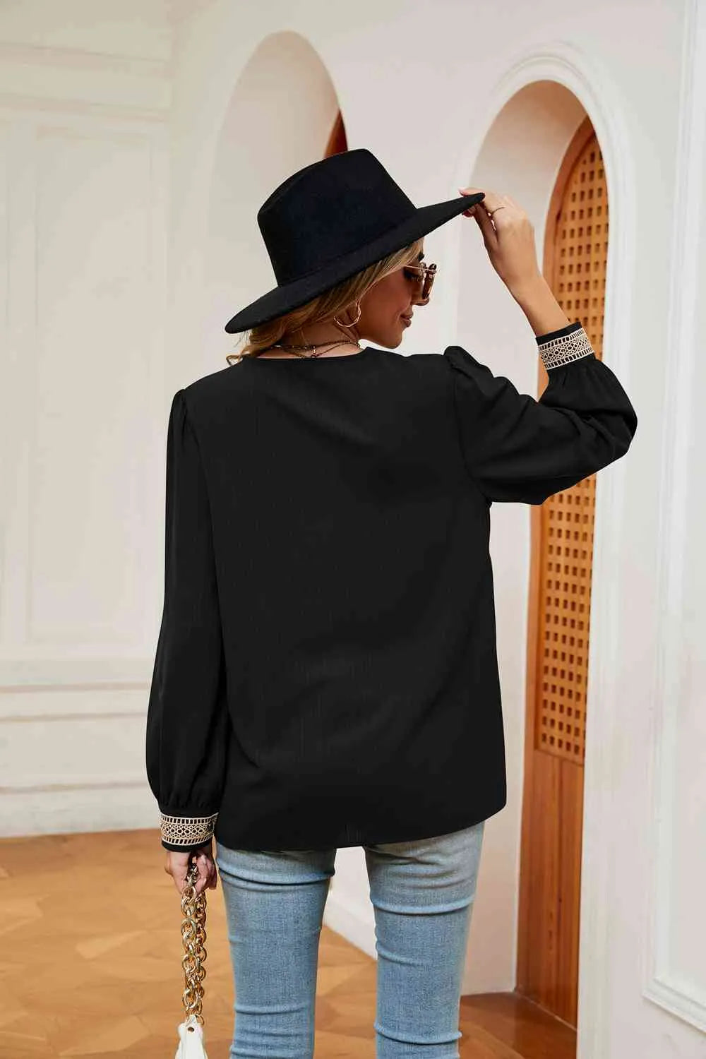 Contrast Puff Sleeve Blouse Blouses - Tophatter Daily Deals