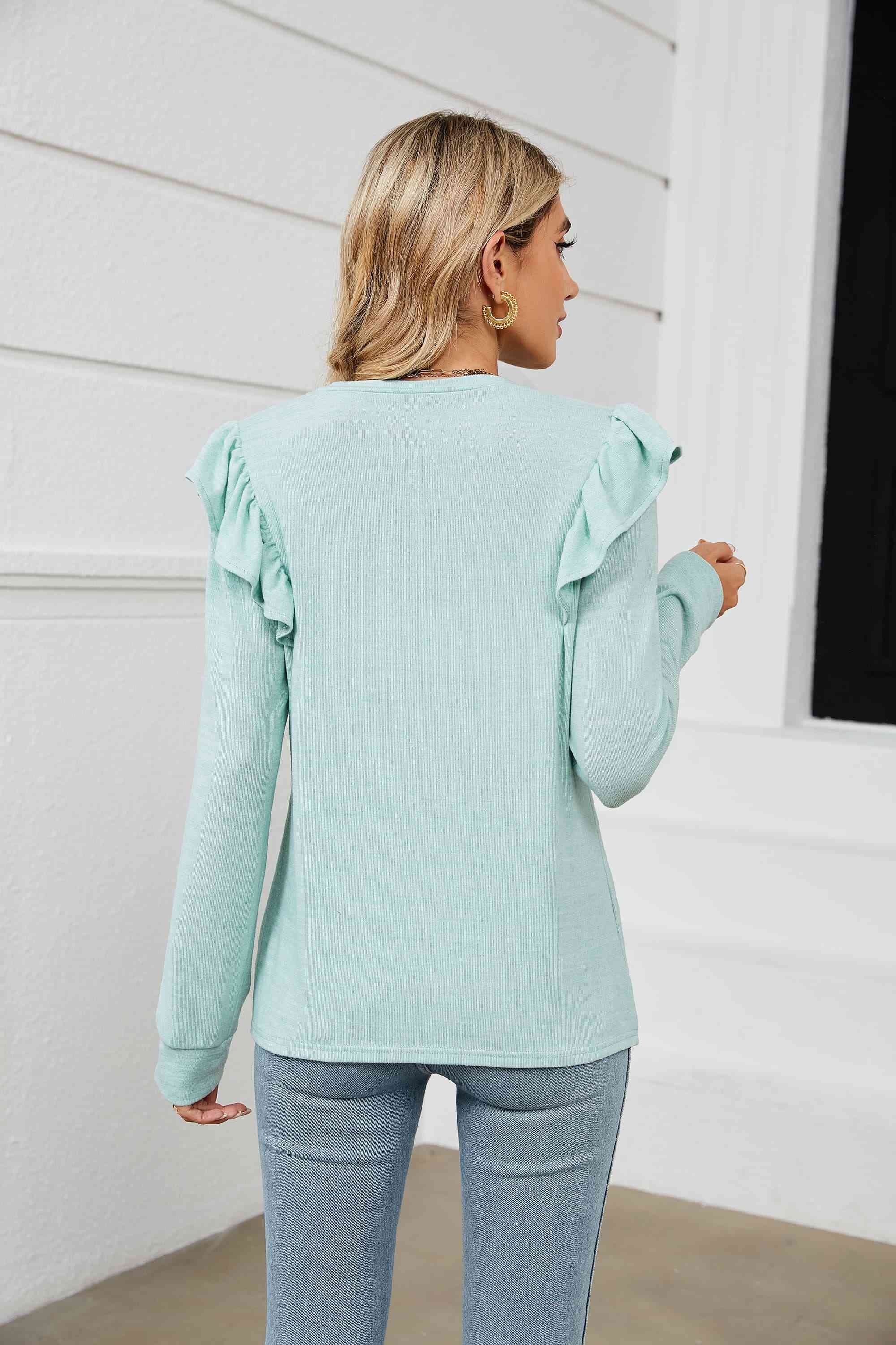 Ruffle Shoulder Long Sleeve T-Shirt Women's T-Shirts - Tophatter Daily Deals