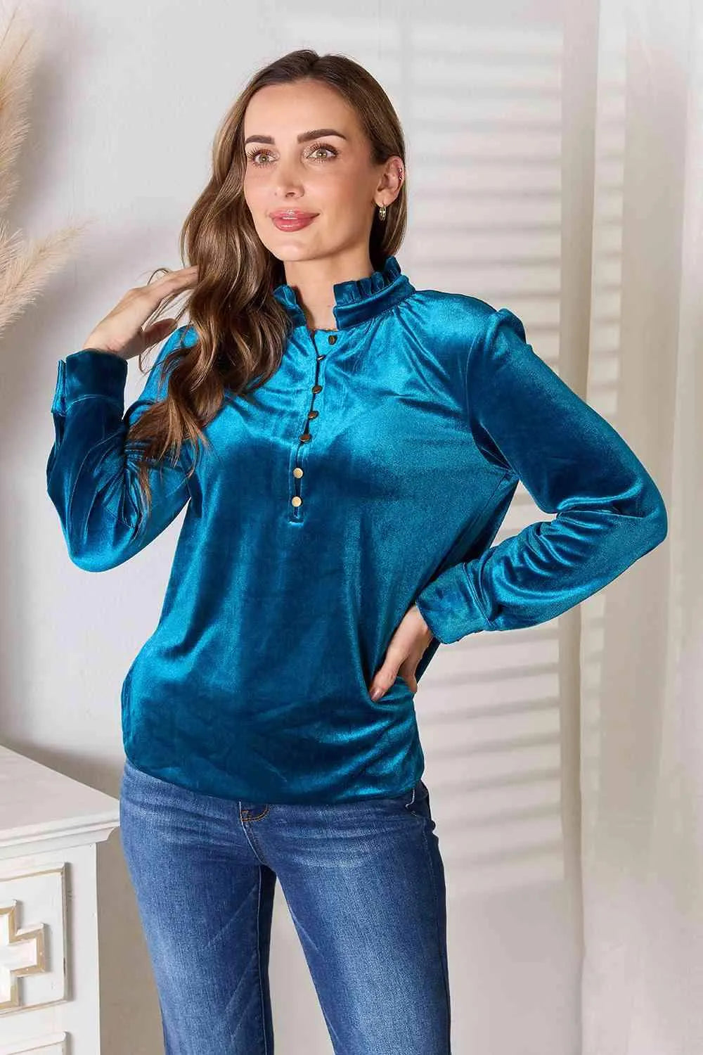 Double Take Notched Neck Buttoned Long Sleeve Blouse Turquoise Blouses - Tophatter Daily Deals