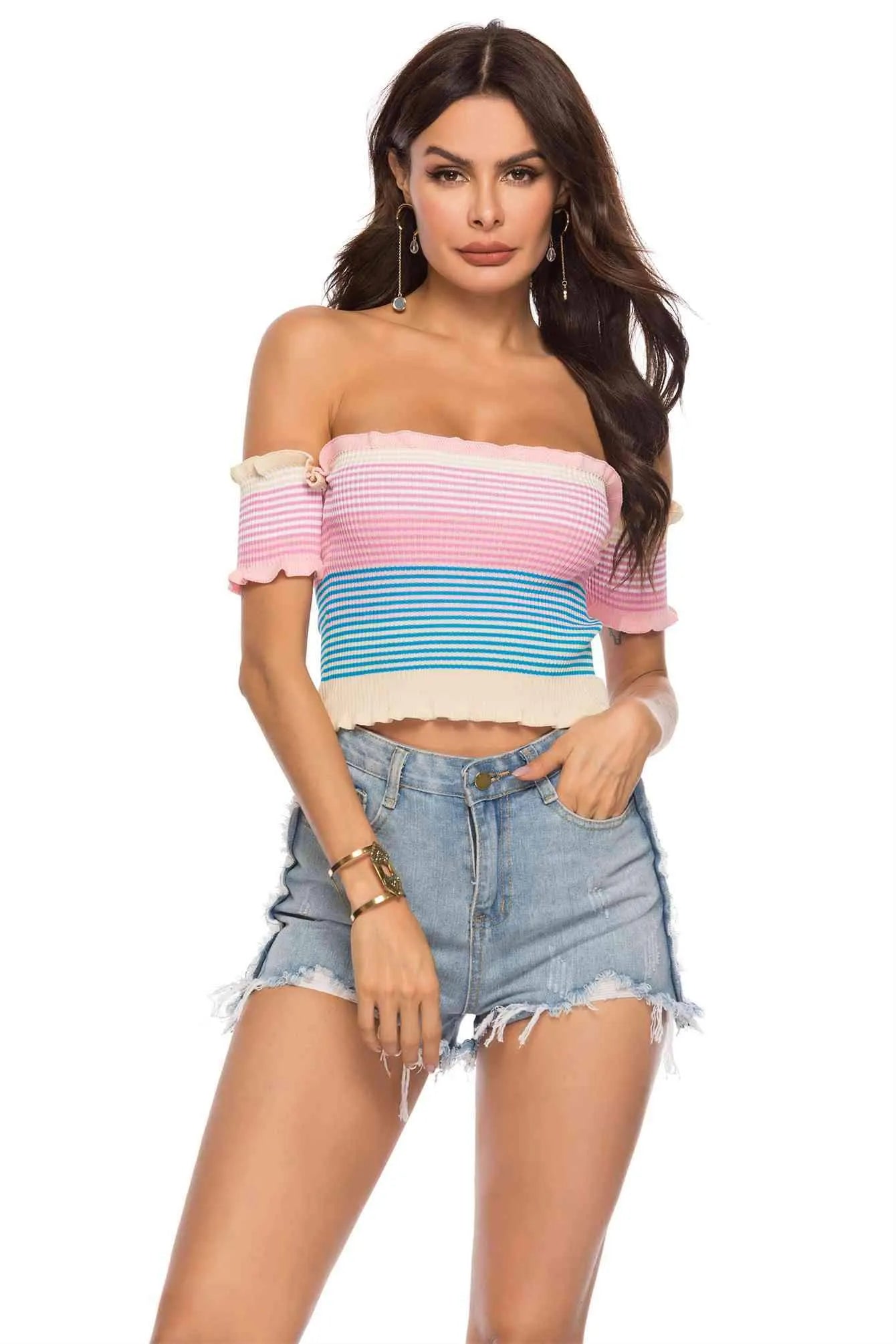 Striped Off-Shoulder Frill Hem Knit Top Blouses - Tophatter Daily Deals