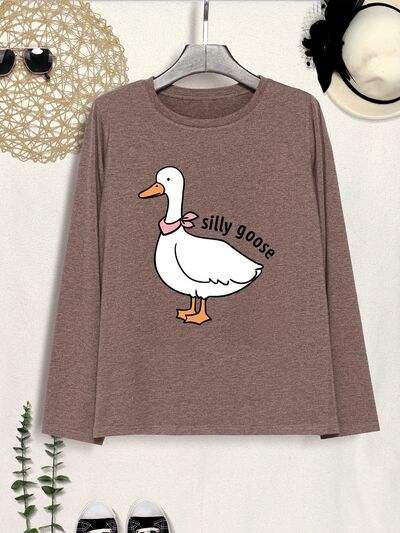 Goose Graphic Round Neck Long Sleeve T-Shirt Mocha Women's T-Shirts - Tophatter Daily Deals