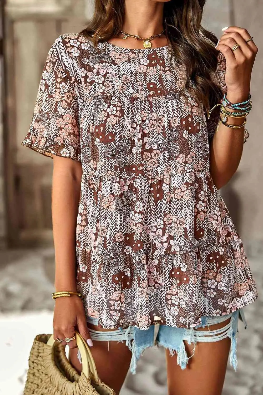 Printed Round Neck Tiered Top Blouses - Tophatter Daily Deals