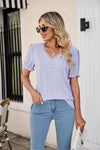 Eyelet Flounce Sleeve Scalloped V-Neck Top Blouses - Tophatter Daily Deals