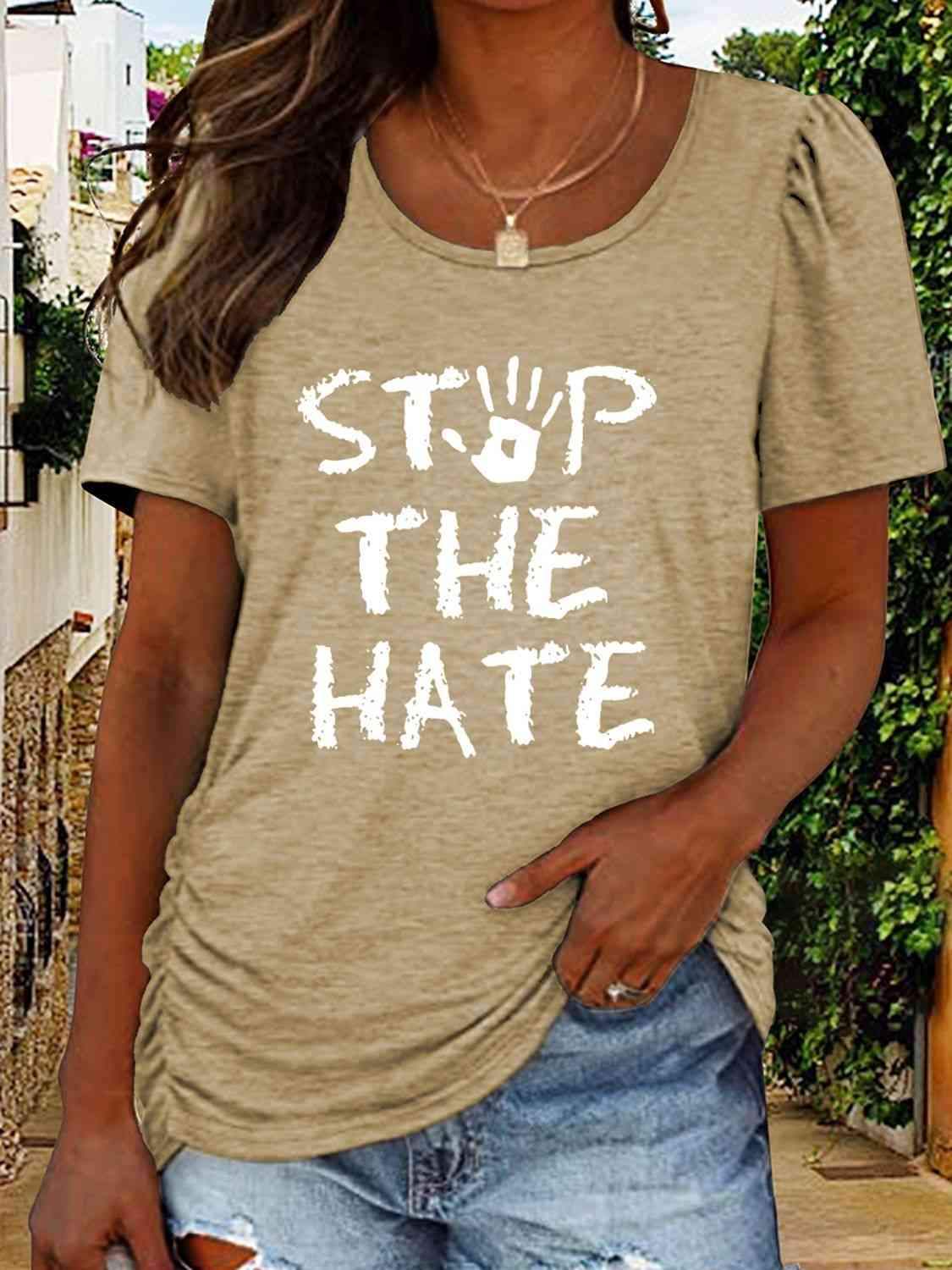 Round Neck Short Sleeve STOP THE HATE Graphic T-Shirt Women's T-Shirts - Tophatter Daily Deals