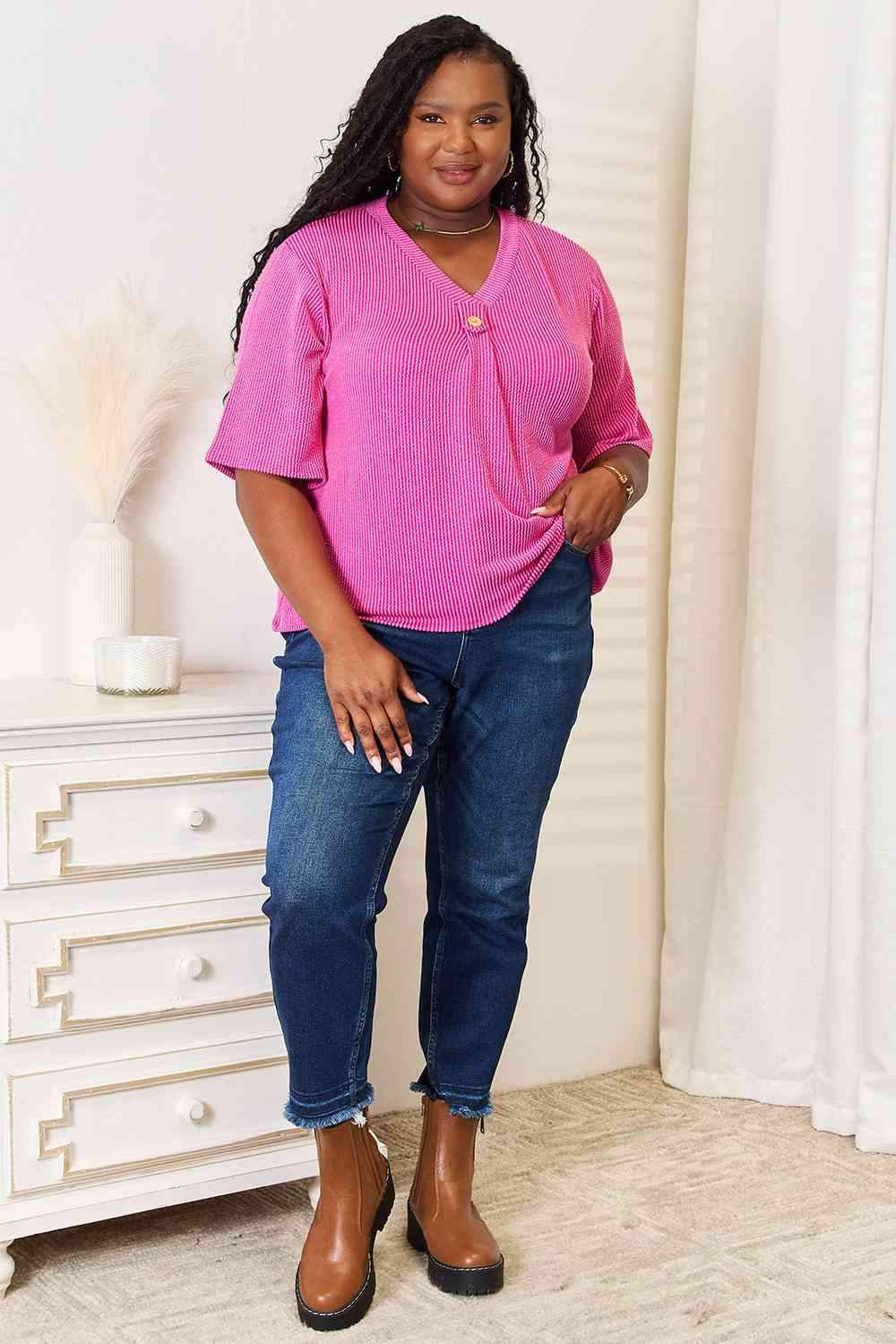 Sew In Love Full Size Ribbed V-Neck Short Sleeve Top Blouses - Tophatter Daily Deals