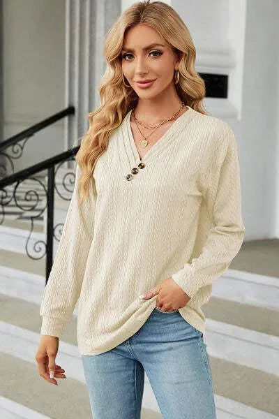 Decorative Button V-Neck Long Sleeve T-Shirt Cream Women's T-Shirts - Tophatter Daily Deals