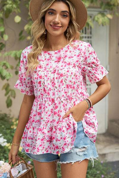 Floral Round Neck Short Sleeve T-Shirt Fuchsia Pink Women's T-Shirts - Tophatter Daily Deals