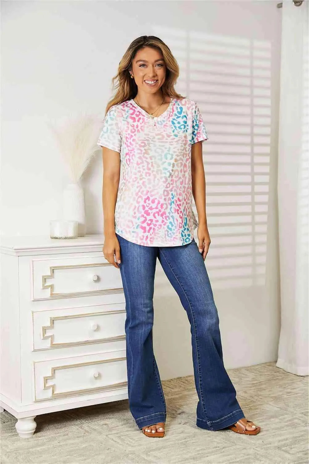 Double Take Leopard V-Neck Short Sleeve T-Shirt Women's T-Shirts - Tophatter Daily Deals
