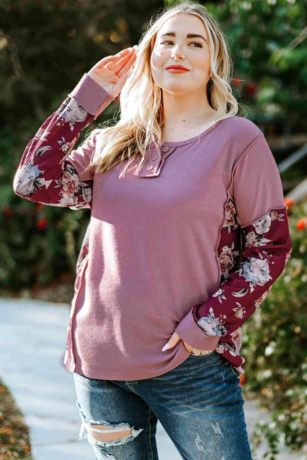 Plus Size Floral Exposed Seam Quarter-Button Henley Top Purple 3X Blouses - Tophatter Daily Deals