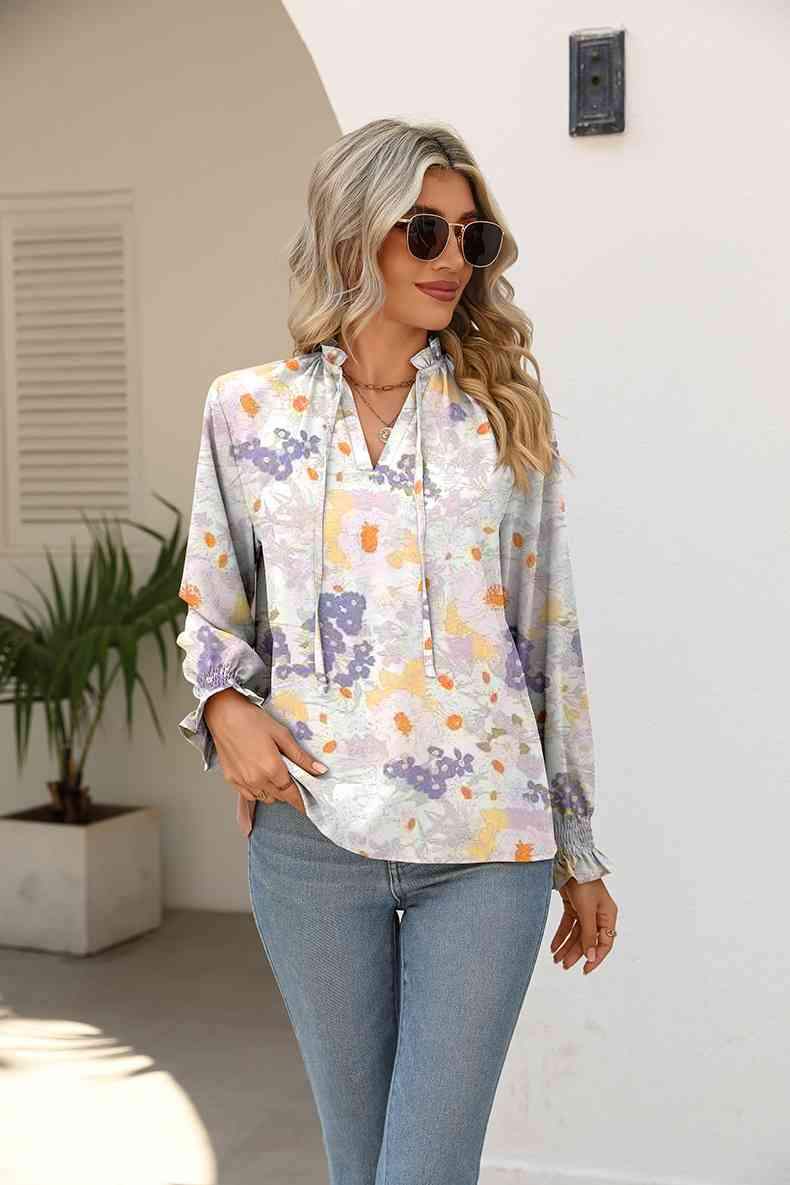 Printed Tie Neck Flounce Sleeve Blouse Blouses - Tophatter Daily Deals