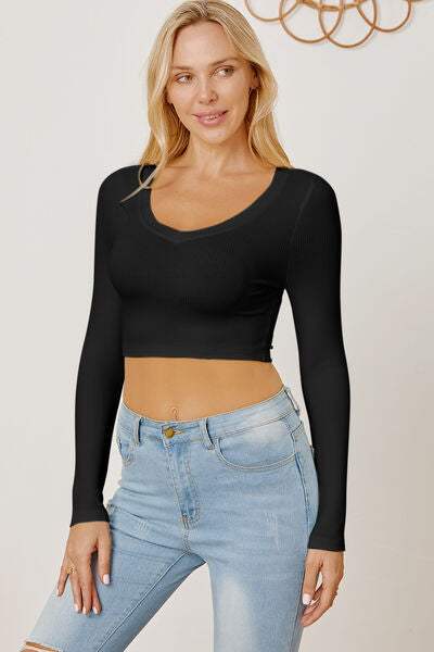 Round Neck Long Sleeve Cropped T-Shirt Black Women's T-Shirts - Tophatter Daily Deals