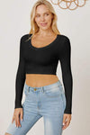 Round Neck Long Sleeve Cropped T-Shirt Black Women's T-Shirts - Tophatter Daily Deals