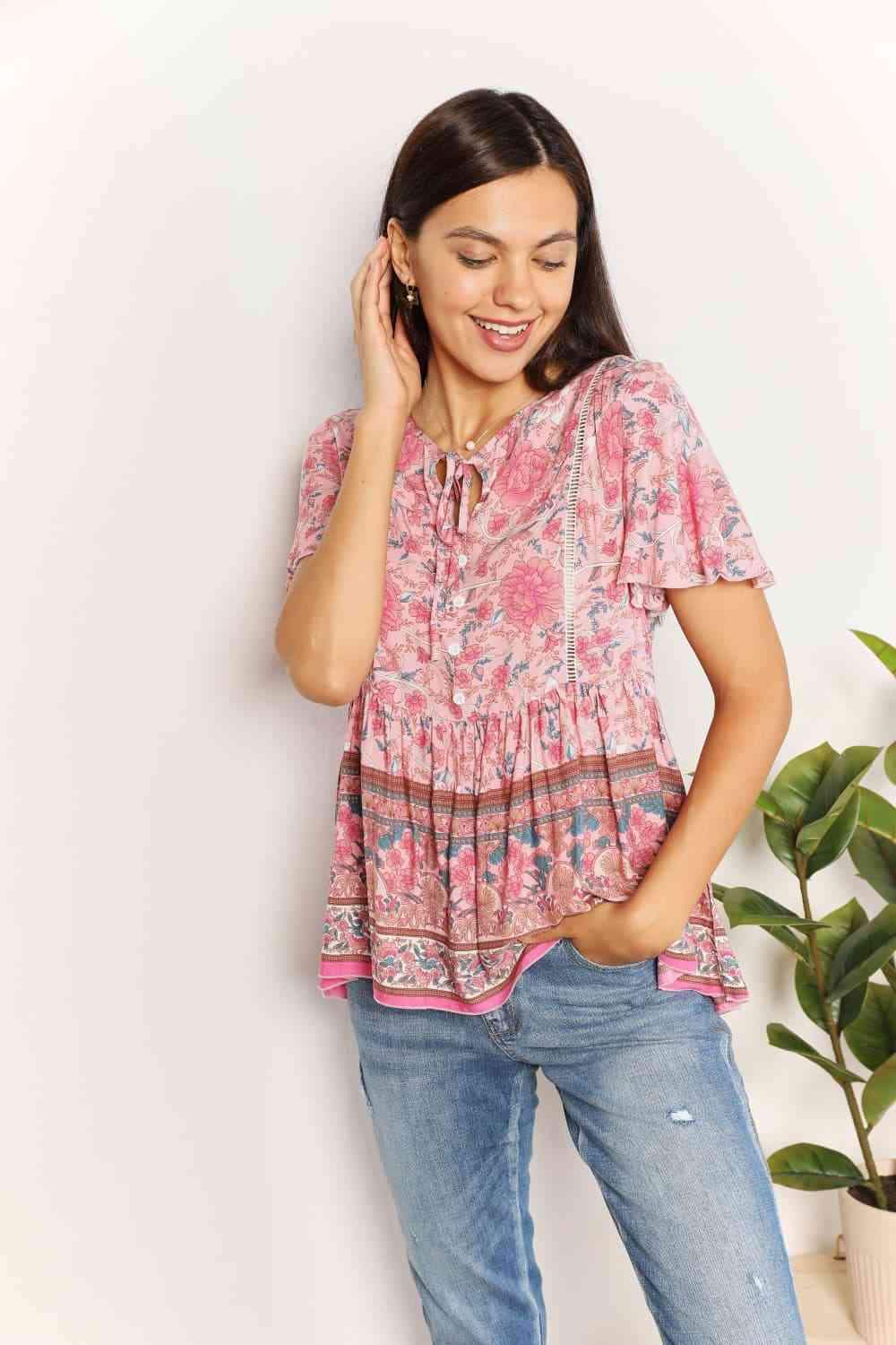 Double Take Bohemian Decorative Button Tie-Neck Peplum Blouse Blouses - Tophatter Daily Deals