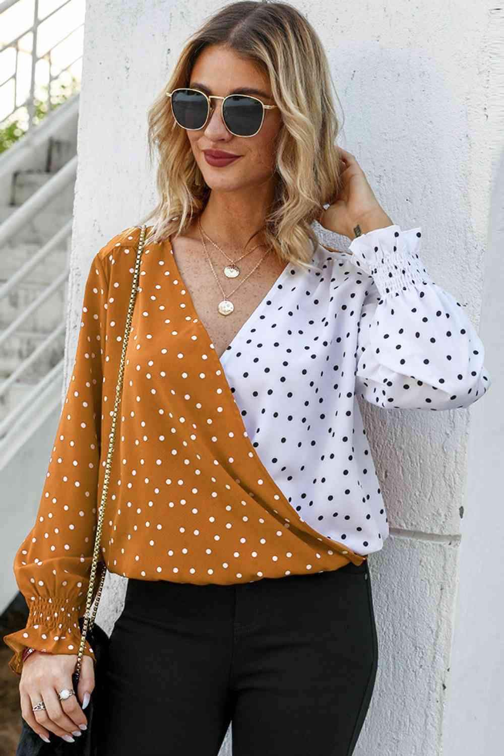 Polka Dot Surplice Neck Lantern Sleeve Blouse Tangerine Blouses - Tophatter Daily Deals