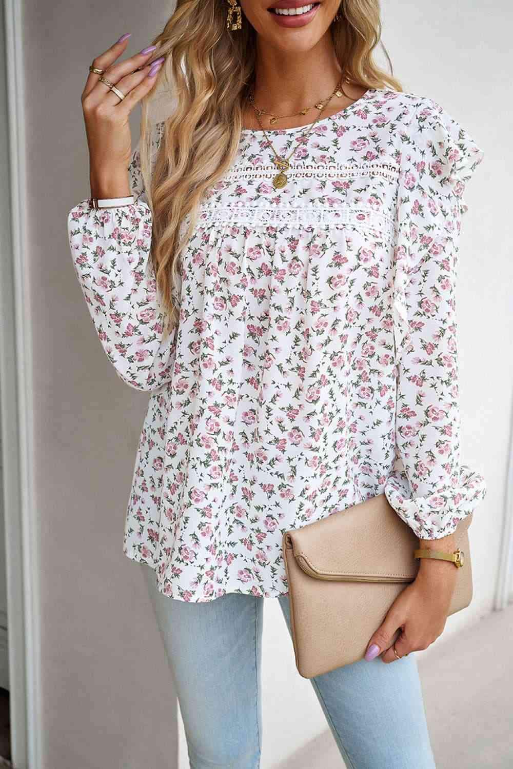 Printed Round Neck Long Sleeve Blouse White Blouses - Tophatter Daily Deals