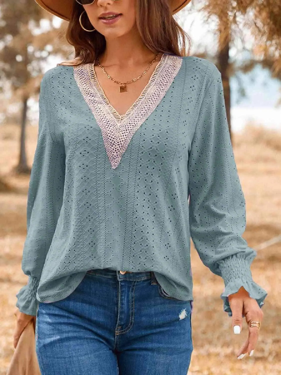 Eyelet V-Neck Flounce Sleeve Top Blouses - Tophatter Daily Deals