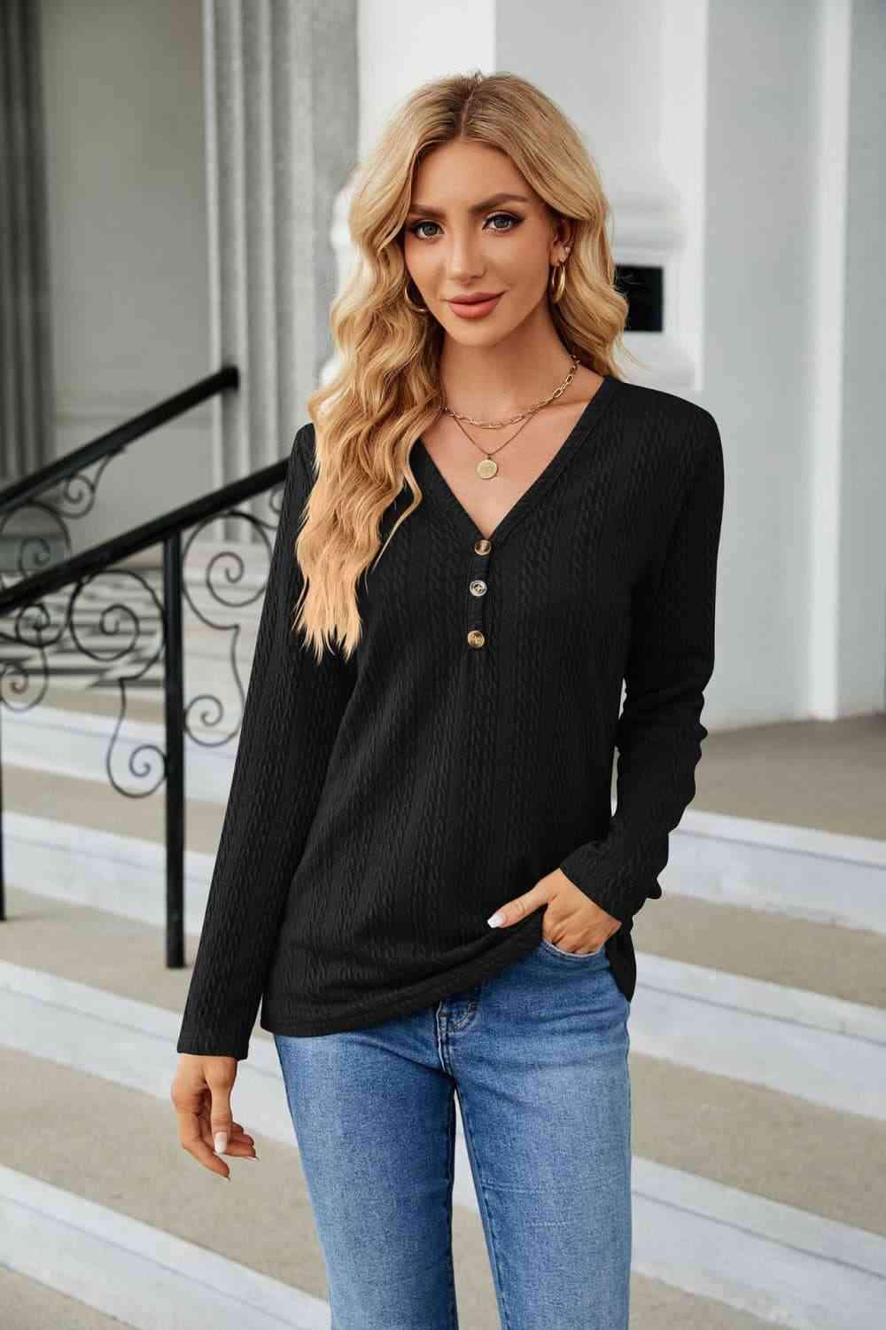 Cable-Knit Long Sleeve V-Neck T-Shirt Women's T-Shirts - Tophatter Daily Deals