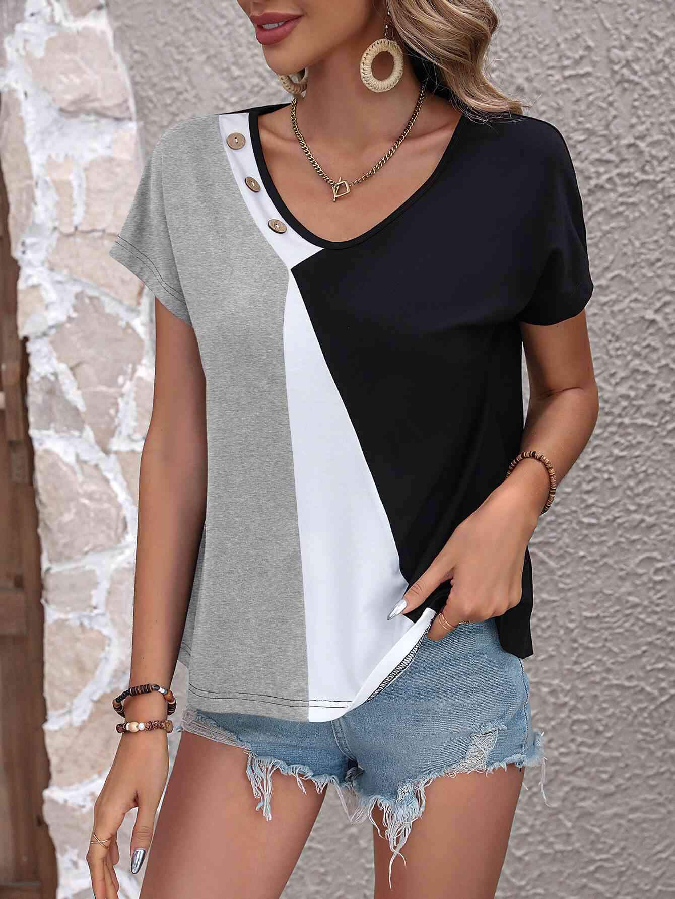 Color Block Decorative Button V-Neck Tee Women's T-Shirts - Tophatter Daily Deals