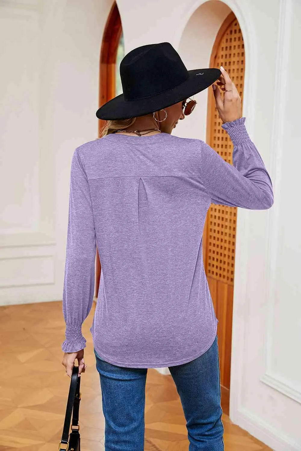 Notched Neck Long Sleeve Blouse Blouses - Tophatter Daily Deals