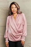 Surplice Neck Ruched Lantern Sleeve Blouse Blush Pink Blouses - Tophatter Daily Deals