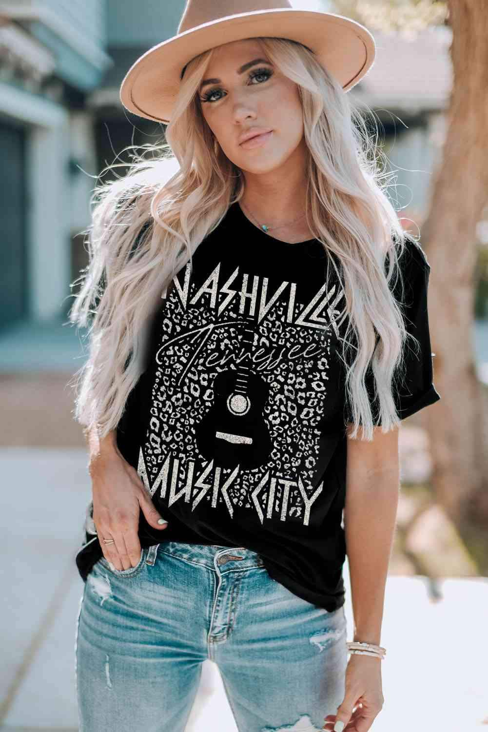 Graphic Cuffed Sleeve Round Neck Tee Black Women's T-Shirts - Tophatter Daily Deals