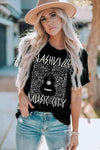 Graphic Cuffed Sleeve Round Neck Tee Black Women's T-Shirts - Tophatter Daily Deals