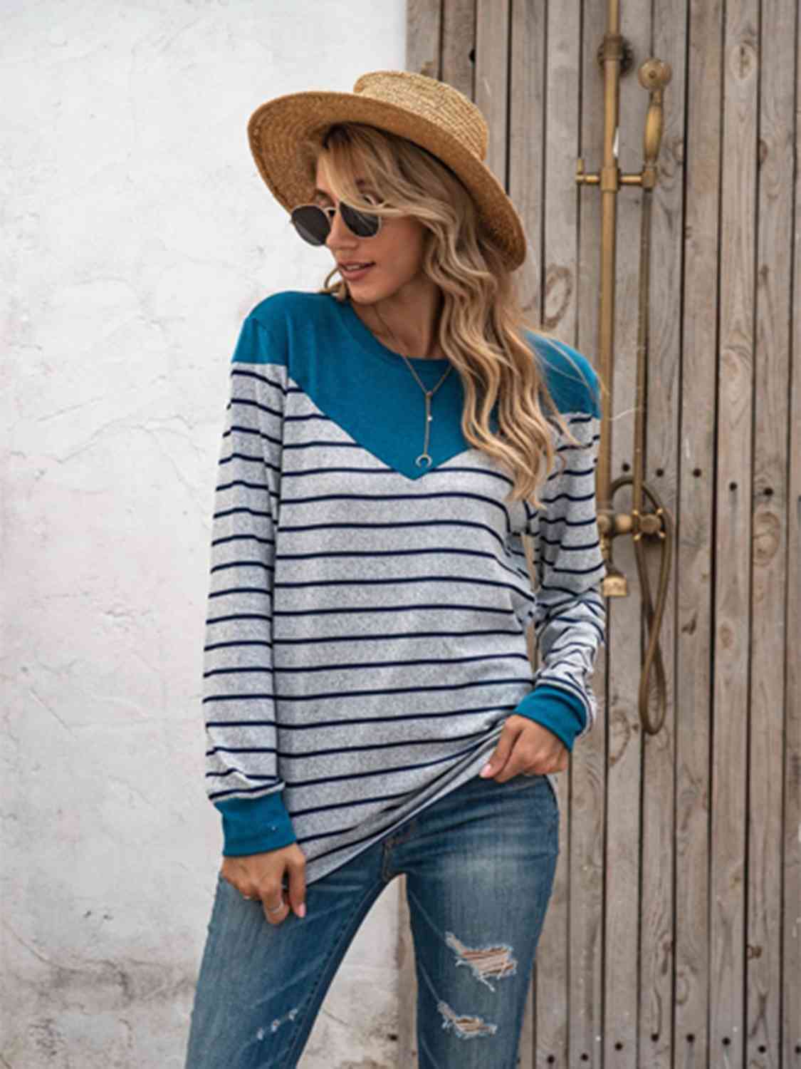 Striped Round Neck Long Sleeve T-Shirt Women's T-Shirts - Tophatter Daily Deals