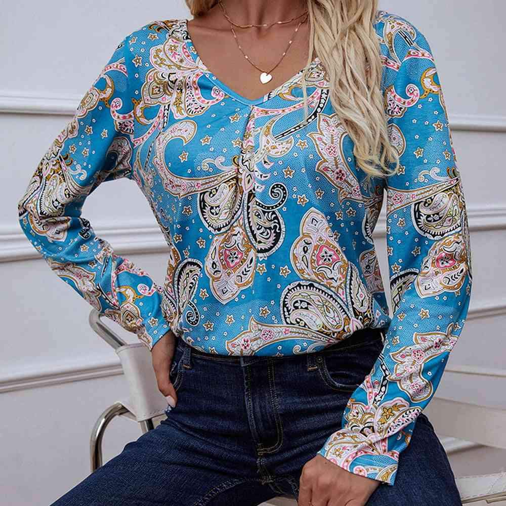 Printed V-Neck Long Sleeve Blouse Blouses - Tophatter Daily Deals