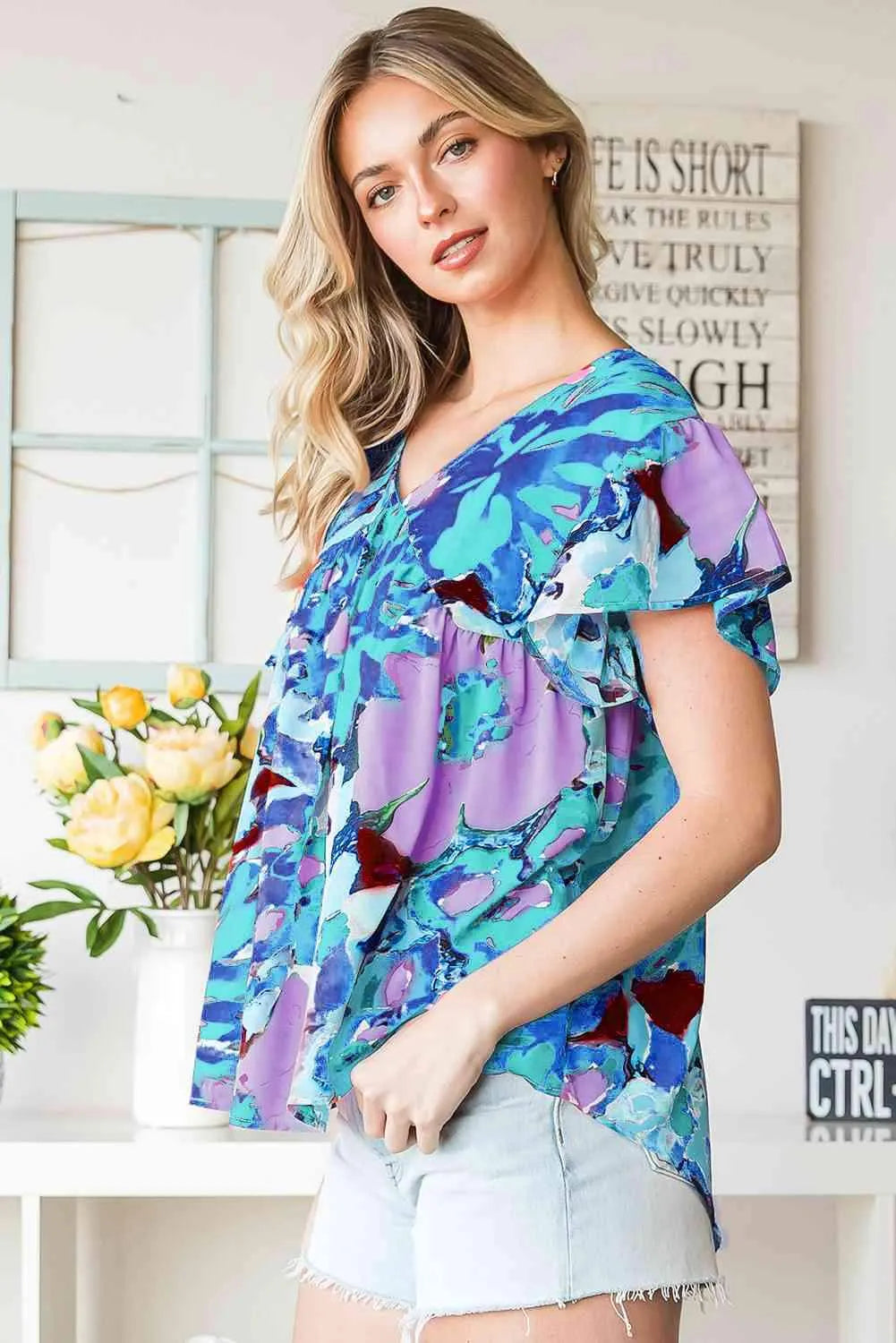 Floral V-Neck Short Sleeve Blouse Blouses - Tophatter Daily Deals