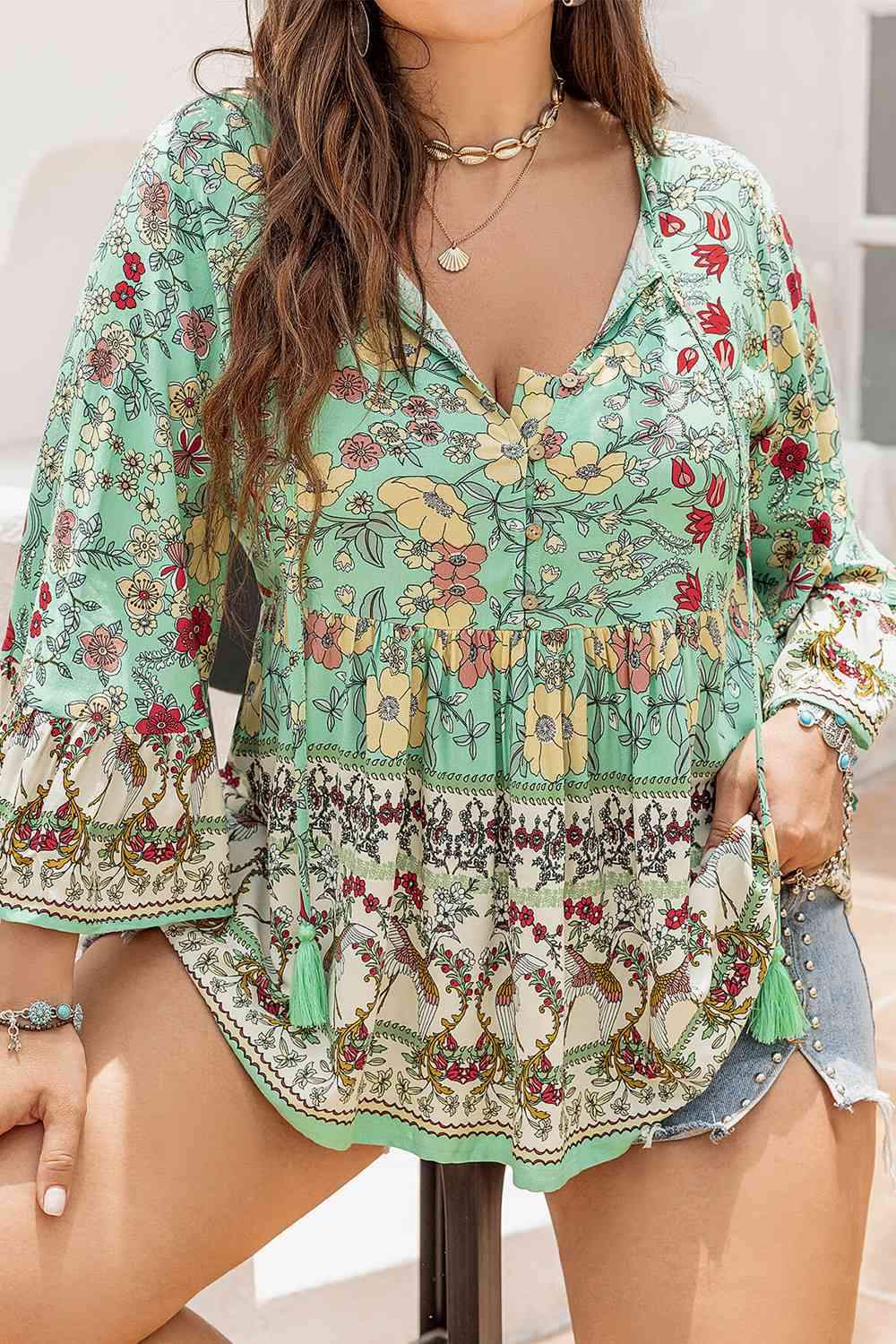 Plus Size Floral Tassel Tie Blouse Blouses - Tophatter Daily Deals