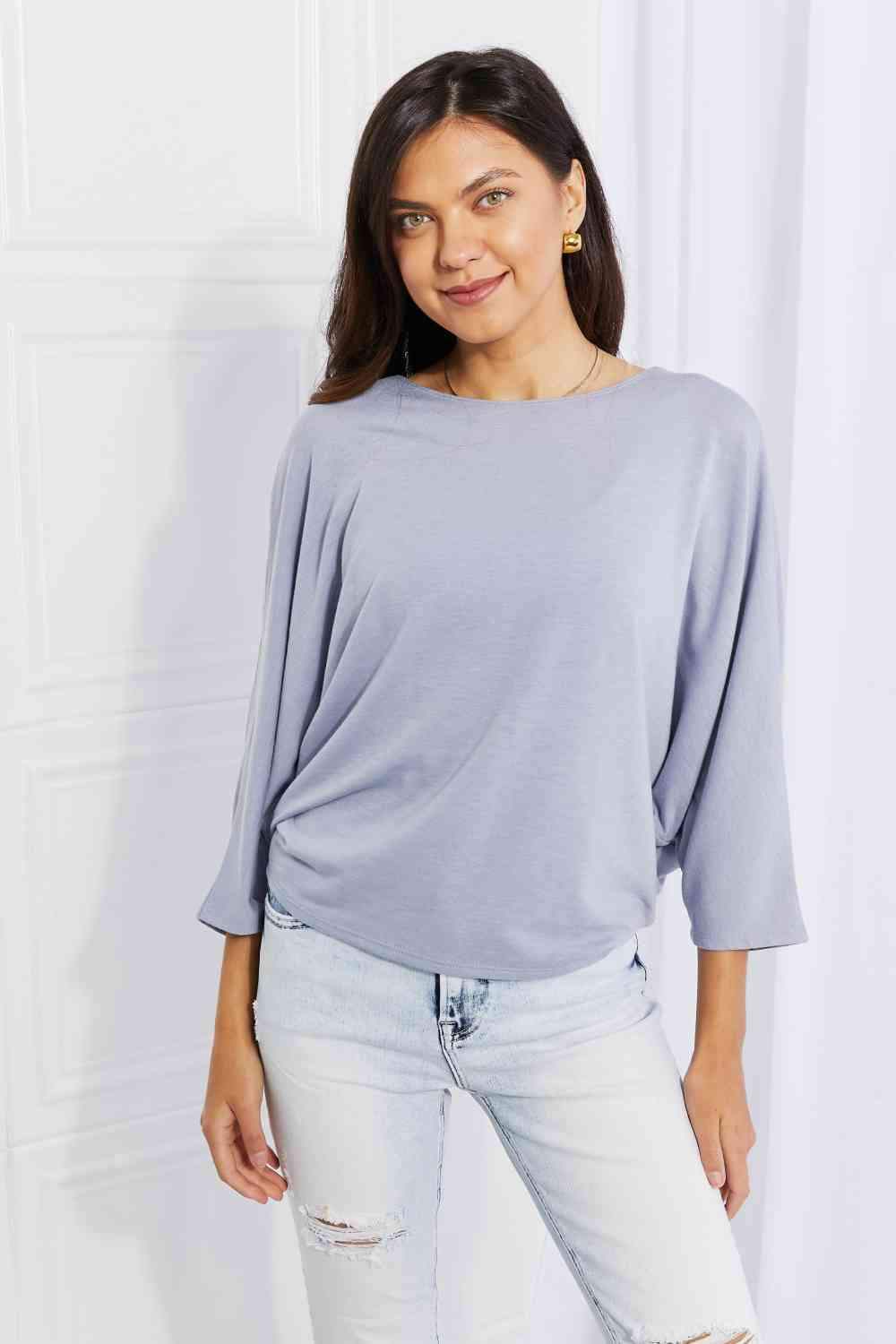 Andree by Unit Full Size Needless to Say Dolman Sleeve Top Misty Blue Blouses - Tophatter Daily Deals