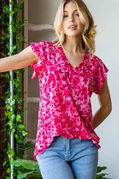 Heimish Full Size Printed Ruffle Cap Sleeve Top Blouses - Tophatter Daily Deals
