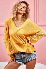 BiBi V-Neck Mesh Lantern Sleeve Top Blouses - Tophatter Daily Deals
