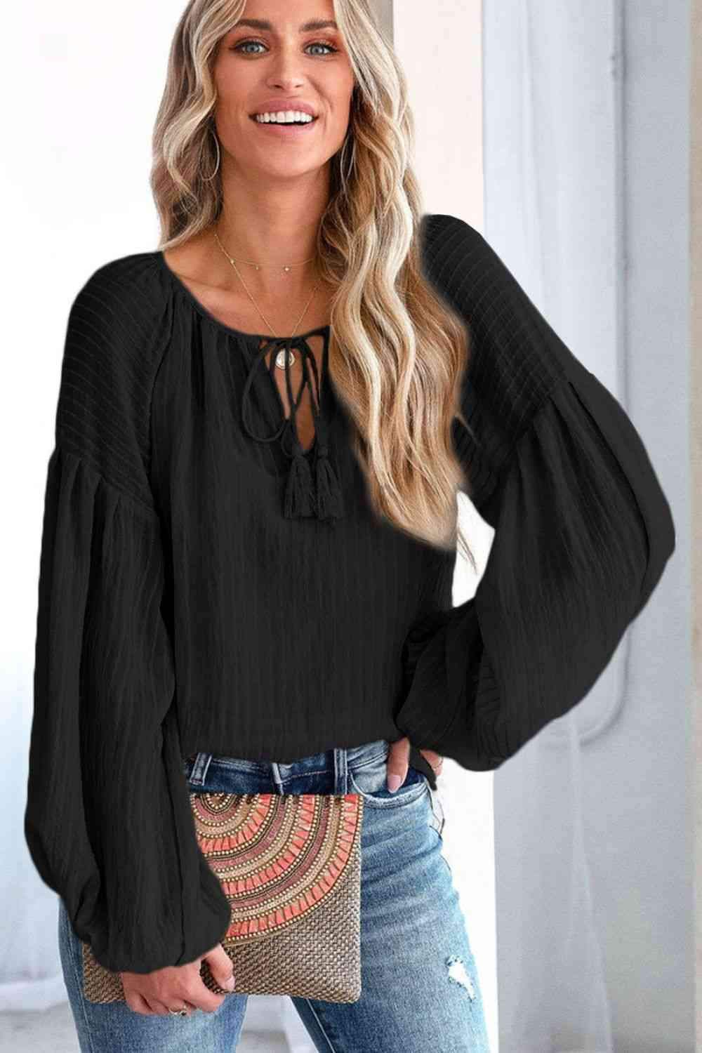 Tie Neck Dropped Shoulder Blouse Blouses - Tophatter Daily Deals