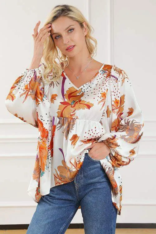Printed V-Neck Smocked Balloon Sleeve Blouse White Blouses - Tophatter Daily Deals